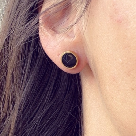 14k Gold Plated Stainless Steel Round Black Studs 10mm - Picture 11 of 11